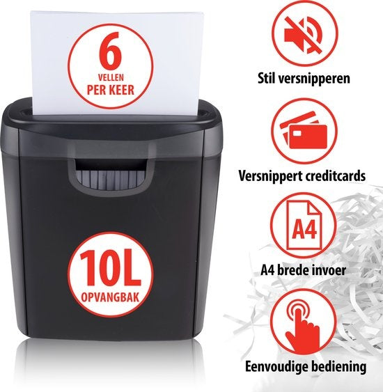 alpina - Aktenvernichter für 6 Blatt und Kreditkarten - 10L Abfallbehälter - Überhitzungsschutz - Schwarz