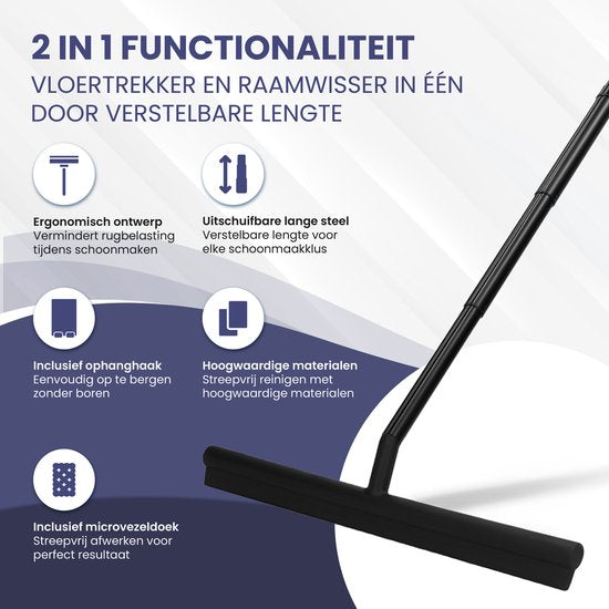 TTD® Duschwischer 2-in-1 mit ausziehbarem langem Stiel - 97 cm - Silikonwischblatt - Ergonomisch - Mit Mikrofasertuch und Aufhängehaken - Duschabzieher - Badezimmer-Bodenwischer - Bodenwischer - Schwarz