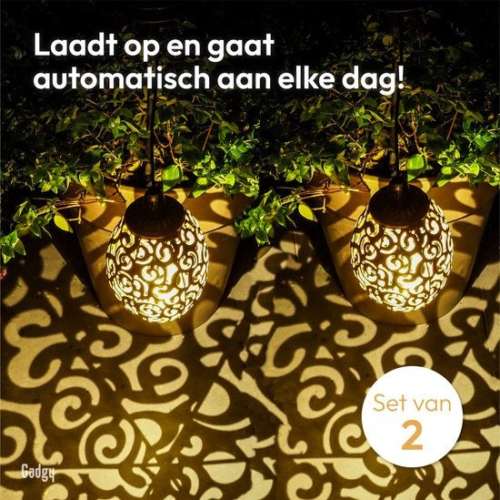 Gadgy Solar hängende orientalische Laterne Set 2pcs. - Bronze - Metall - Solar Gartenbeleuchtung - Led Außenbeleuchtung mit Tag/Nacht-Sensor - Gartenlaterne