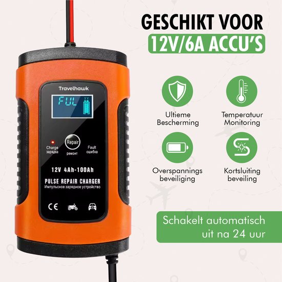 Travelhawk Batterieladegerät - Erhaltungsladegerät - Autobatterieladegerät - Geeignet für Motorrad, Auto, Roller - 12V 6A