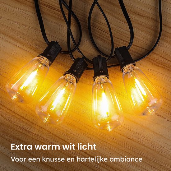 Partizzle 15m LED Lichterkette Edison - 25 Lampen Girlande - Wasserfeste Lichtergirlande für Terrasse und Camping - Weihnachtsbeleuchtung / Gartenbeleuchtung - 2700k / Warmweiß