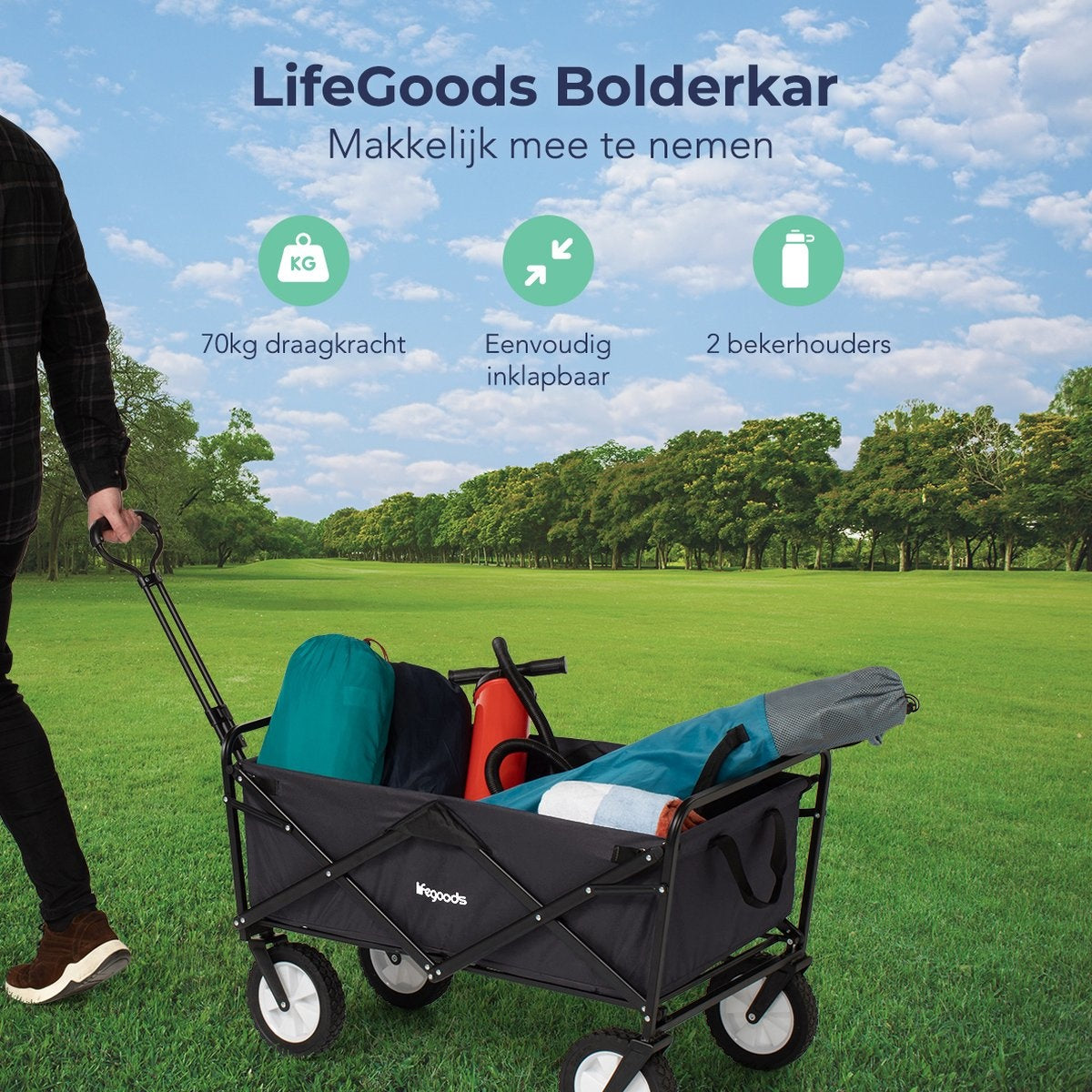 LifeGoods Bollerwagen - faltbar - drehbare Räder - 2 Ständer - 70kg Tragfähigkeit - Schwarz