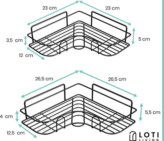 Loti Living Duschregal ohne Bohren - Eckform - 2 Stück - Duschregal zum Aufhängen - Duschregal ohne Bohren - Duschregale 2 Stück - Duschregal Schwarz - Duschregal an der Duschwand - Klebestreifen