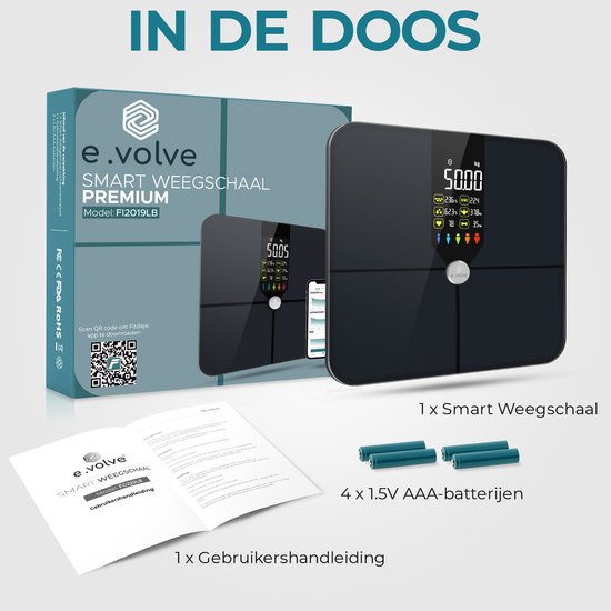 e.volve Personenwaage Digital - 16x - Intelligente Waage - mit Körperanalyse - inkl. App - Schwarz