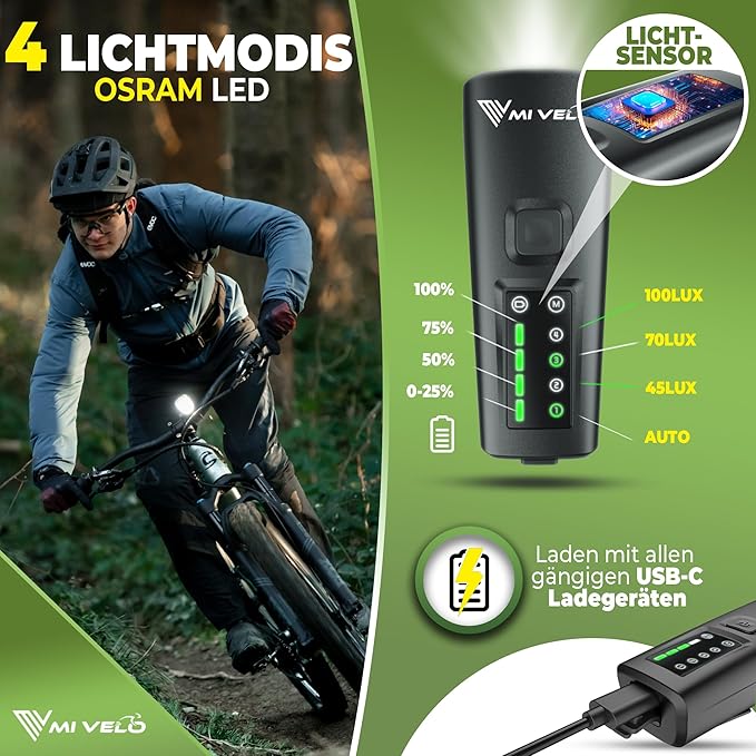 Mivelo Smart LED-Fahrradlicht vorne und hinten - 11 Stunden Akkulaufzeit - wiederaufladbar