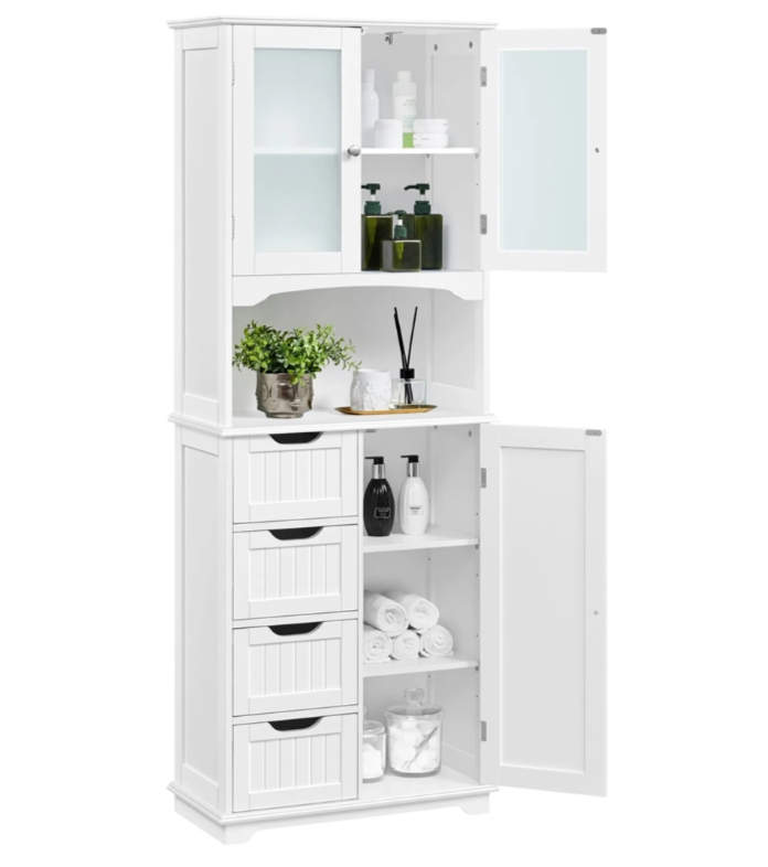 Yaheetech Badezimmerschrank – Weiß – 63 x 30 x 165,5 cm – Glastüren, 4 Schubladen, verstellbare Einlegeböden