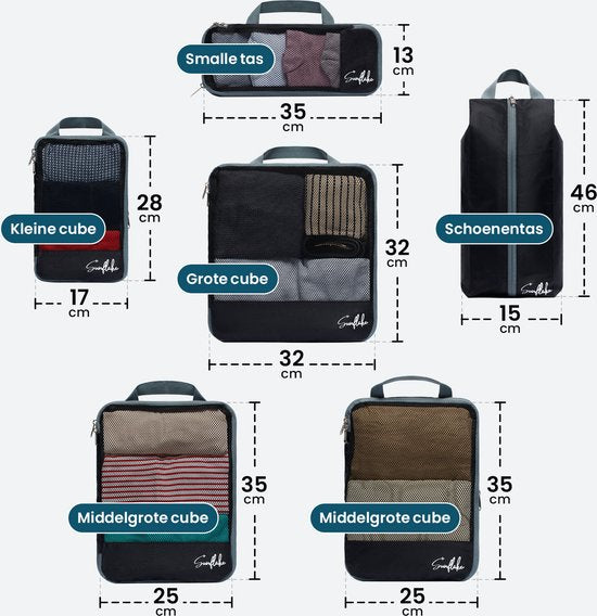 Compression Pack Cubes - Koffer-Organizer-Set - 6 Stück - Rucksack-Kompressionswürfel - Mit Kompressionsreißverschlüssen - Mesh Schwarz - Sunflake