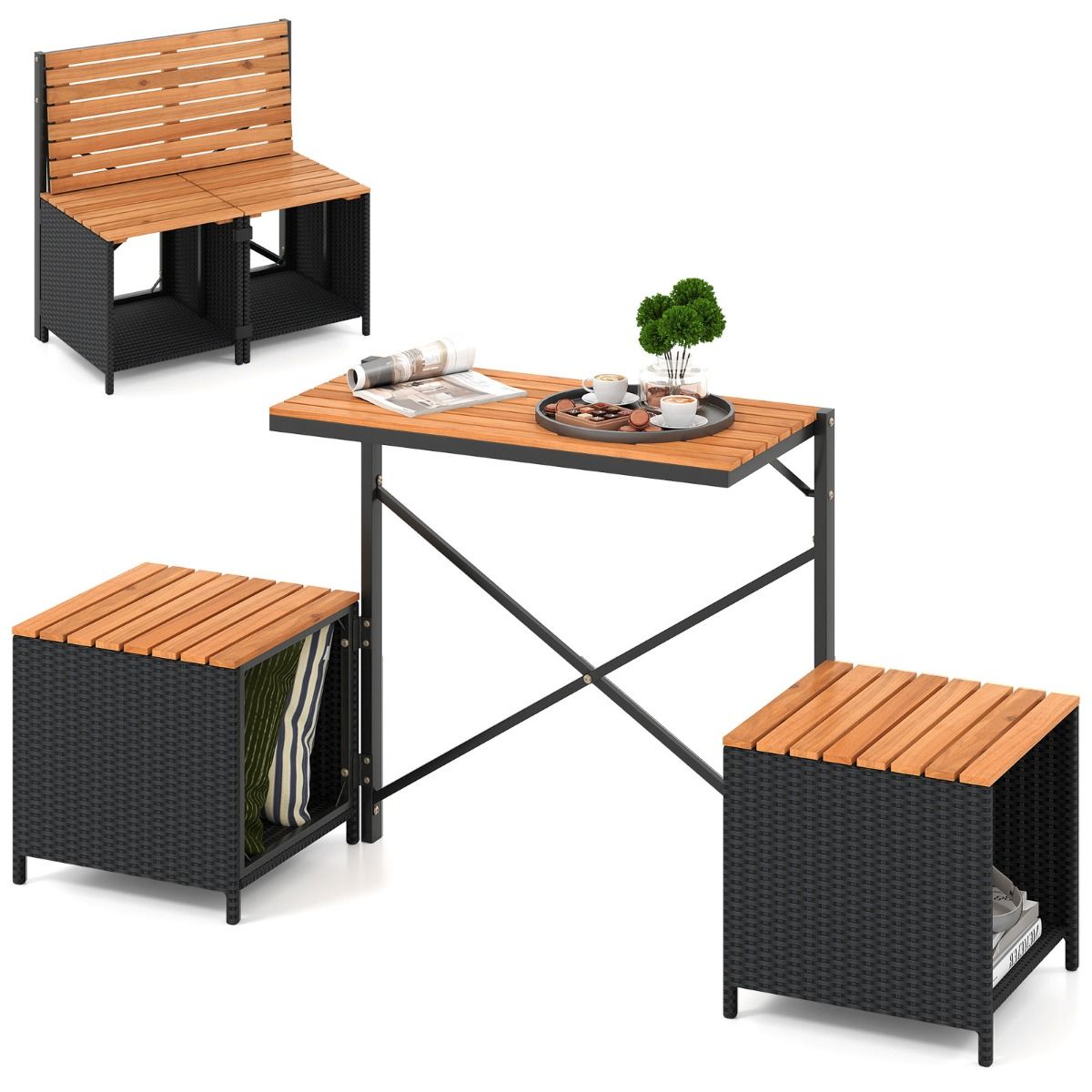 Coast 2-in-1-Gartenbank und Picknicktisch – wandelbares Balkonmöbel – mit Stauraum – schwarz/naturfarben