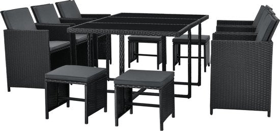 Polyrotan Esszimmergarnitur - Baracoa XL - 11 Teile - Schwarz