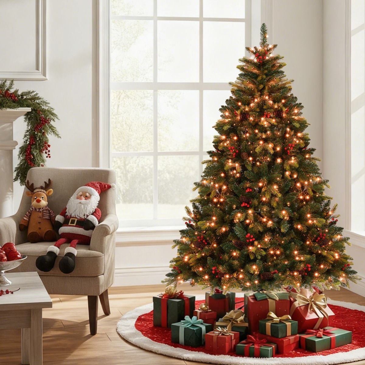 Coast 180 cm Künstlicher Weihnachtsbaum Grün - Vorbeleuchtet mit 370 RGB-Lichtern - APP-gesteuert - Mit Zapfen und roten Beeren