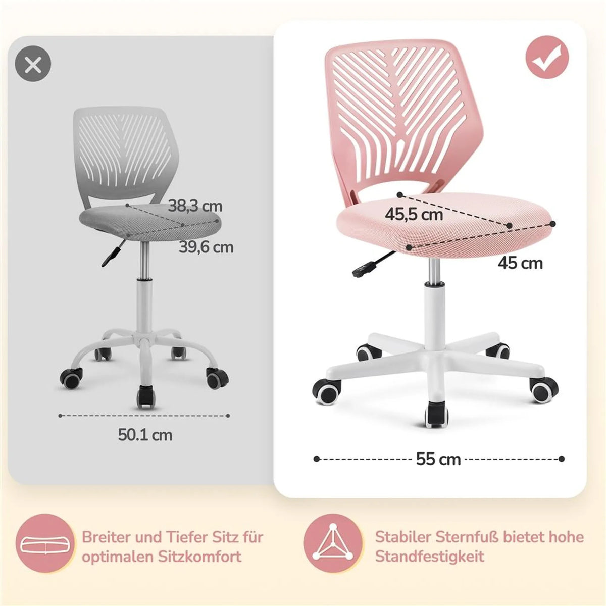 Bürostuhl ohne Armlehnen, höhenverstellbar und um 360° drehbar, hellrosa