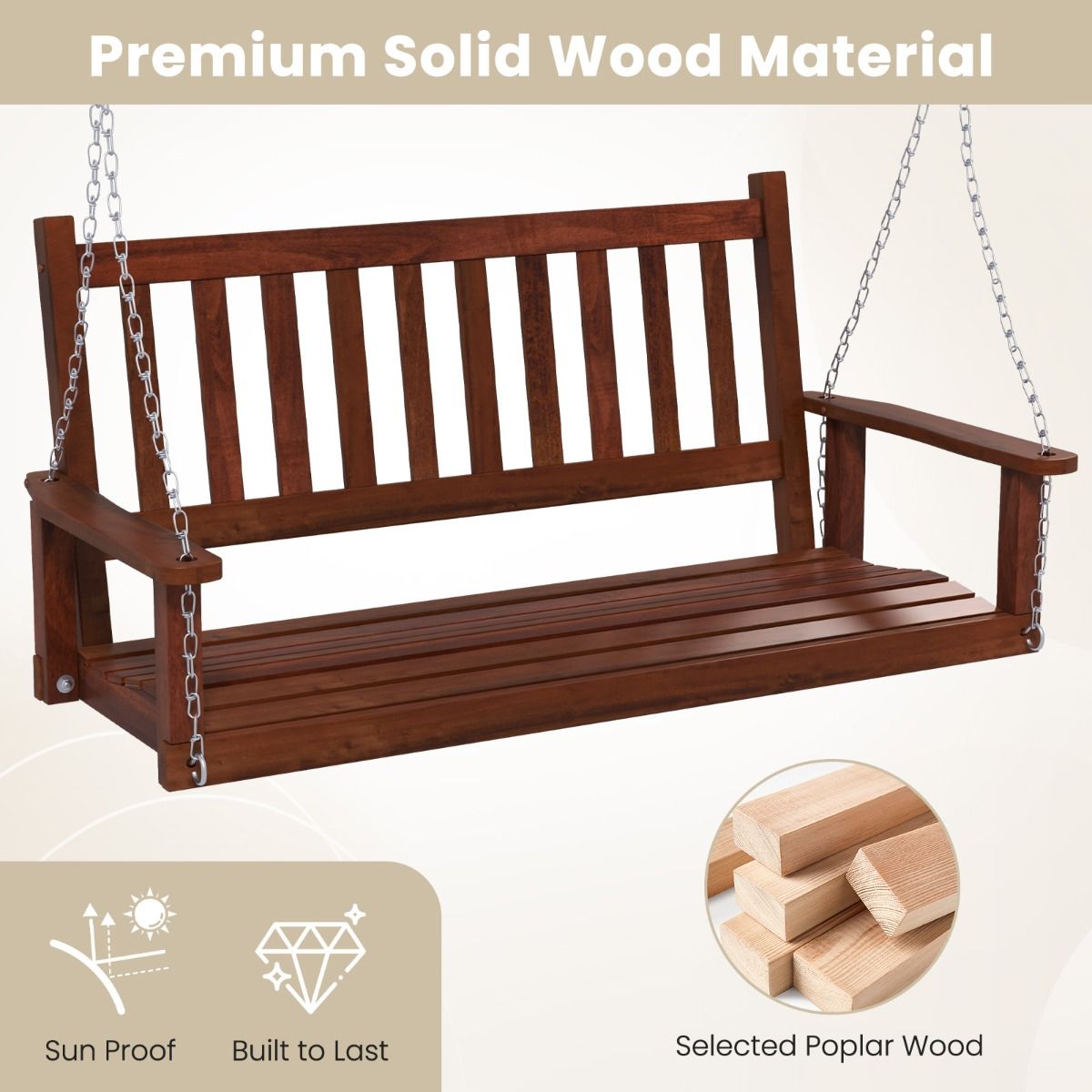 Coast Holz-Außen-Schaukelbank – 3-Sitzer – Verstellbare Ketten – Braun 168 x 65 x 63 cm
