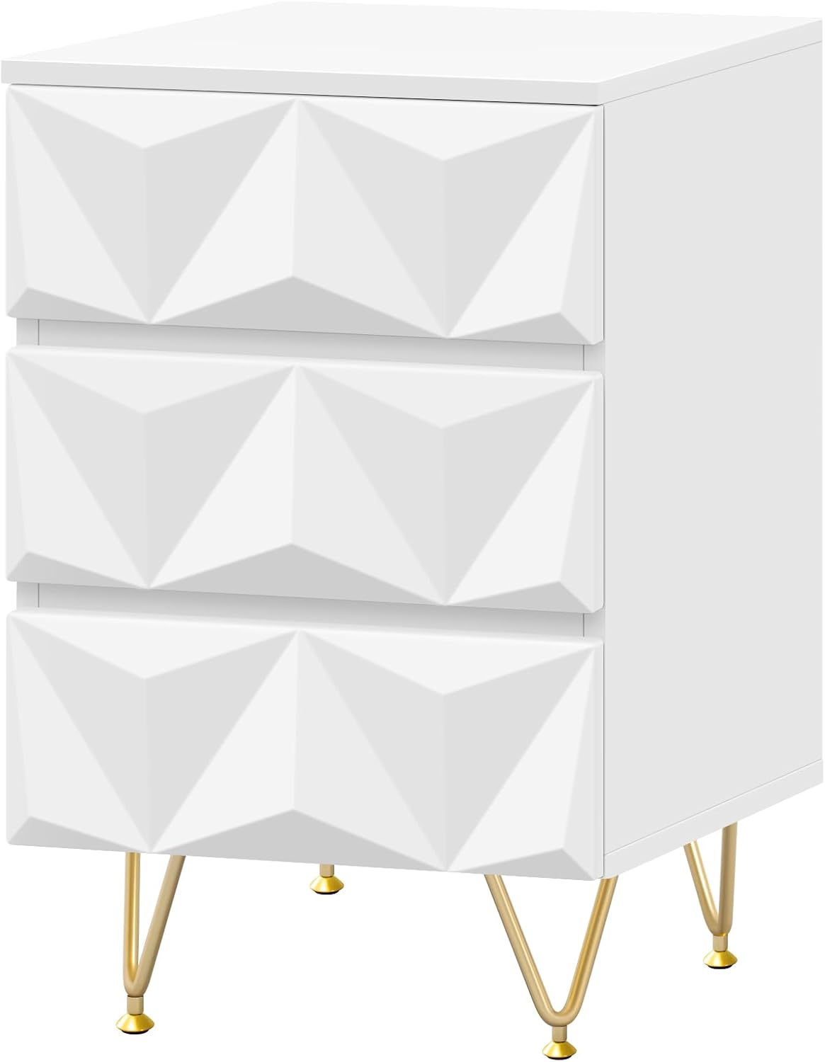 Eugad Nachttisch mit 3 Schubladen - 40x40x62,5 cm - Weiß mit Gold - Modernes 3D Design