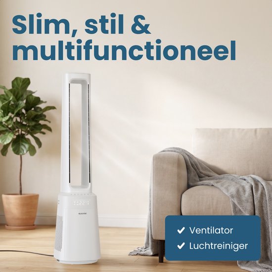 Auronic Turmventilator – blattloses 2-in-1-Modell – Luftreiniger mit HEPA-Filter – Ventilator – 10 Stufen – Fernbedienung – 105 cm – Weiß