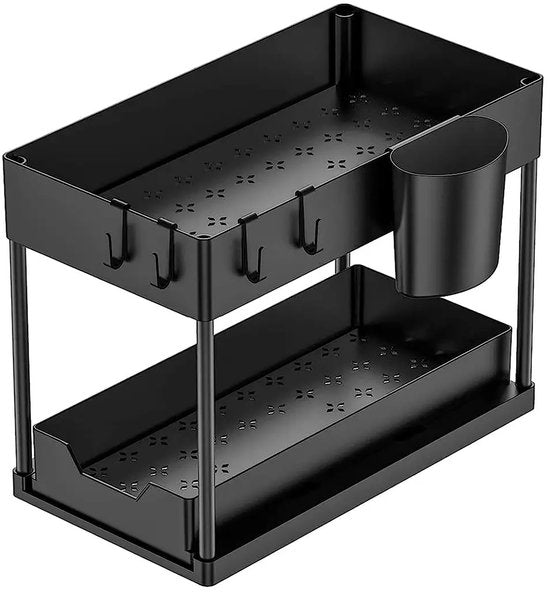 Nexxt Küchenschrank-Organizer - 2 Lagen - Regal mit ausziehbarer Schublade - Inklusive Haken und Tabletts - Spülen-Organizer - Schwarz