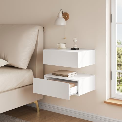 Woltu Nachttisch mit Schublade 2er Set - Wandmontage, Weiß - 40x30x14 cm