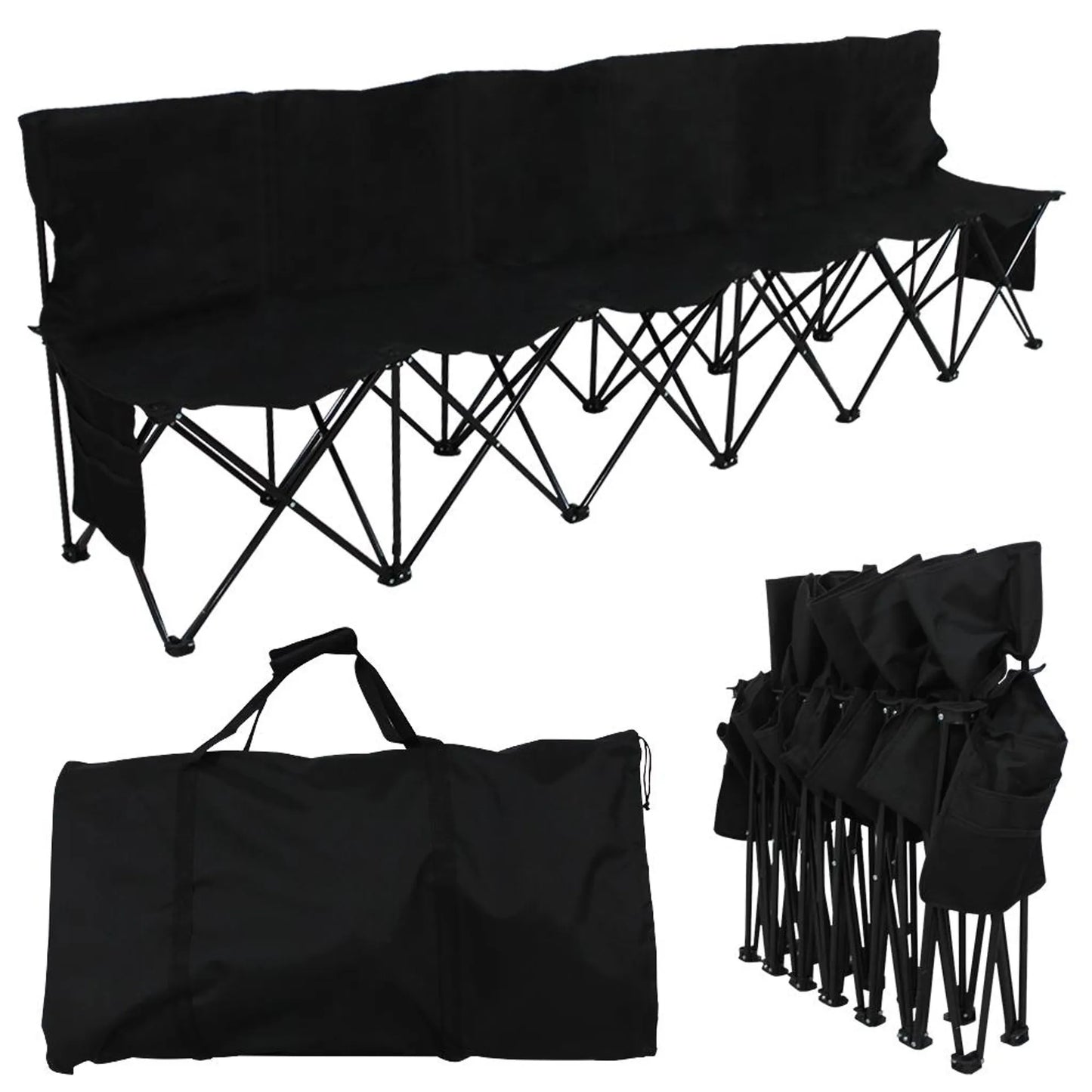 Yaheetech Camping Bank faltbar 6-Personen - 270 x 49 x 82 cm - Ausgestattet mit 600D Oxford-Gewebe und Tragetasche und Seitentaschen - Für Sportmannschaften und Veranstaltungen - Schwarz Metall