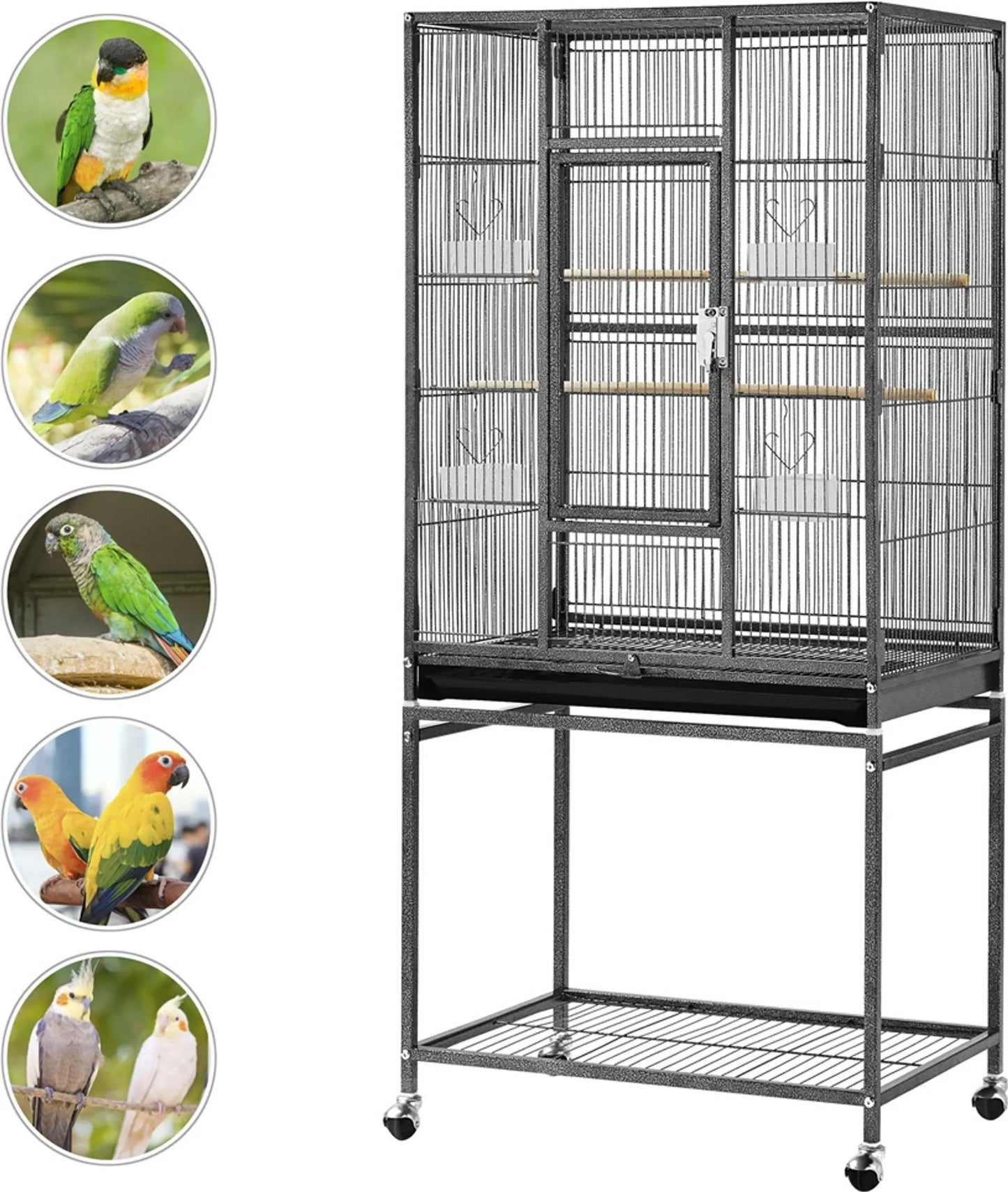 Yaheetech Vogelkäfig mit mobilem Sockel - mit herausnehmbarer Schublade und extra Ablagefläche und 4 Futterstellen - für Sittiche, Finken und Kanarienvögel - schwarz pulverbeschichtetes Metall - 61 x 43 x 136 cm