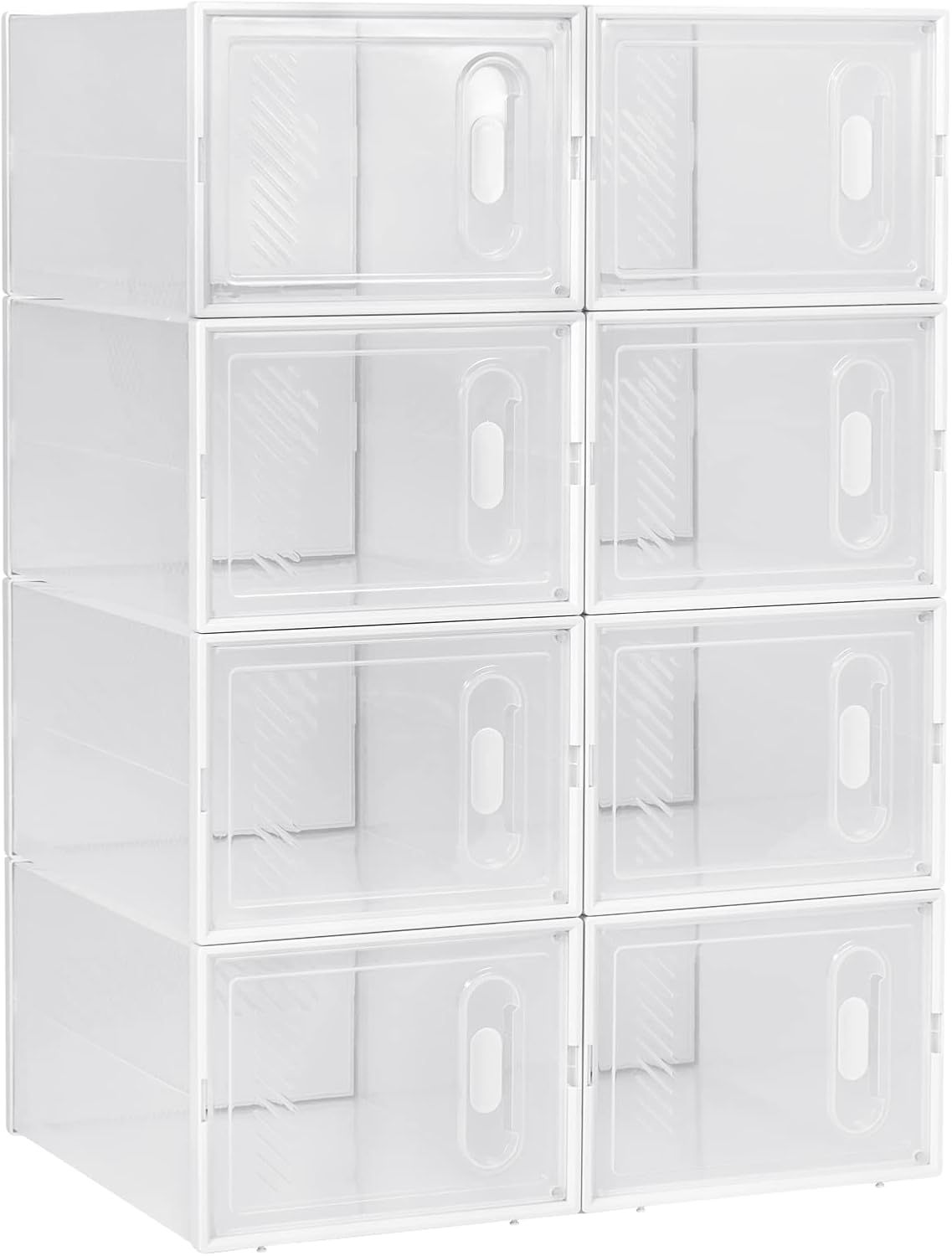 Woltu Schuhkartons, 8er-Set – Transparent-Weiß – Stapelbare Aufbewahrungsboxen mit Klappdeckel – Schuhaufbewahrung aus Kunststoff – 25 x 19 x 35 cm