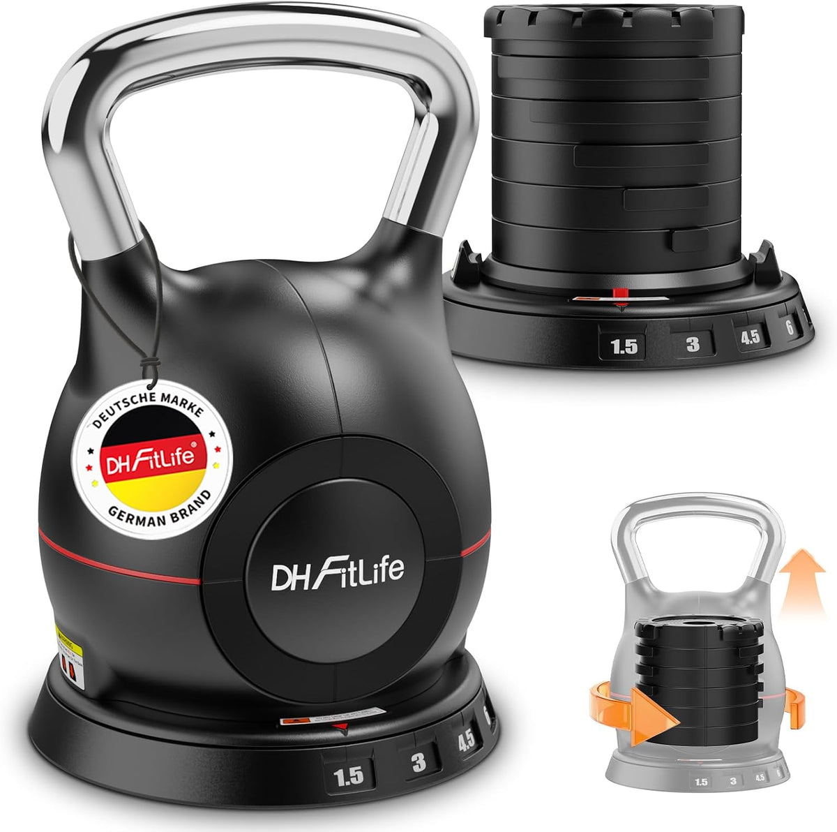 DH FitLife Verstellbare 7-in-1-Kettlebell – 1,5 bis 10 kg – 7 Gewichtsstufen – 20 x 20 x 30 cm – Schwarz