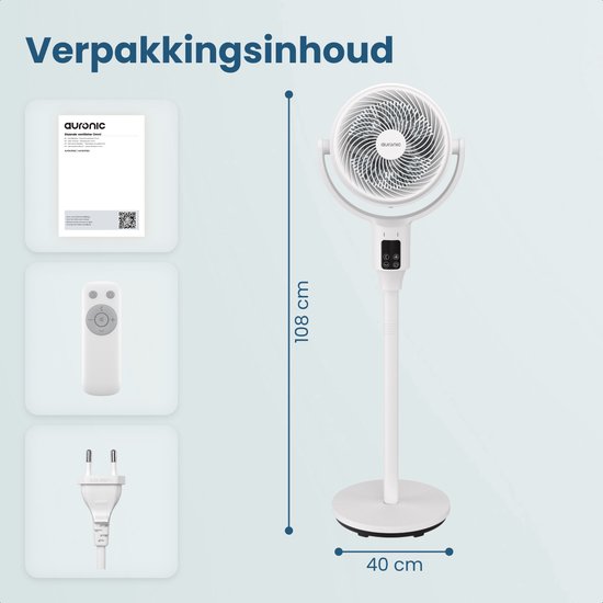 Auronic Stativventilator – Tisch- und Standventilator – 9 Stufen und Timer – Luftkühler – Leise – Mit Fernbedienung und Display – Ventilator – Weiß