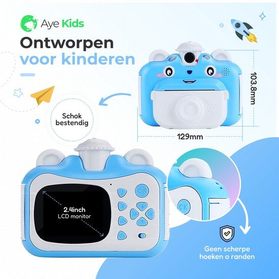 AyeKids Sofortbildkamera für Kinder - Mini-Thermodrucker - Fotodrucker - Inklusive 3 Rollen & 12 Farbmarker - Blau