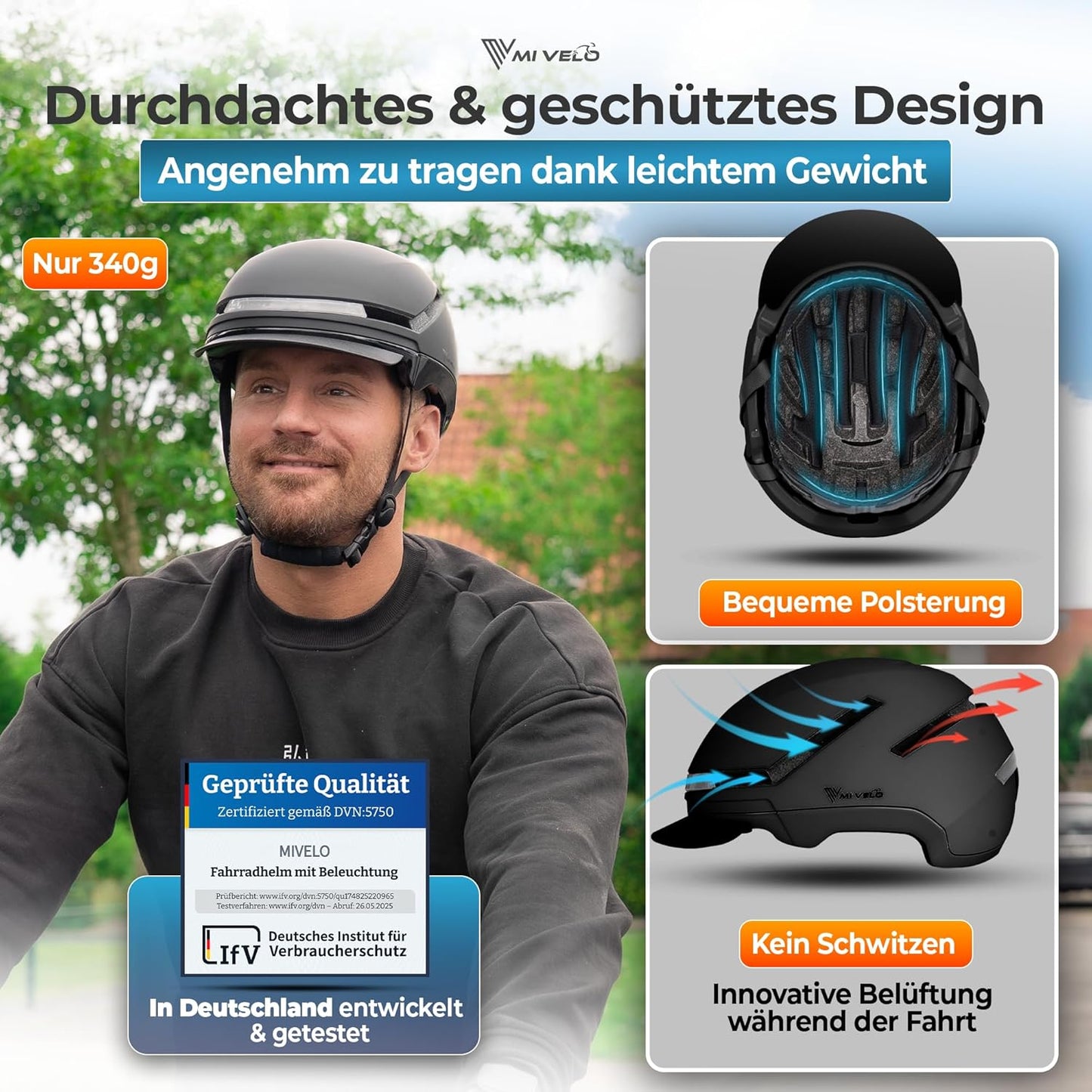 Mivelo Unisex-Radhelm NOVA - Mit Licht - NTA-zertifiziert bis zu 45km/h - Schwarz - Größe M (54-58 cm)