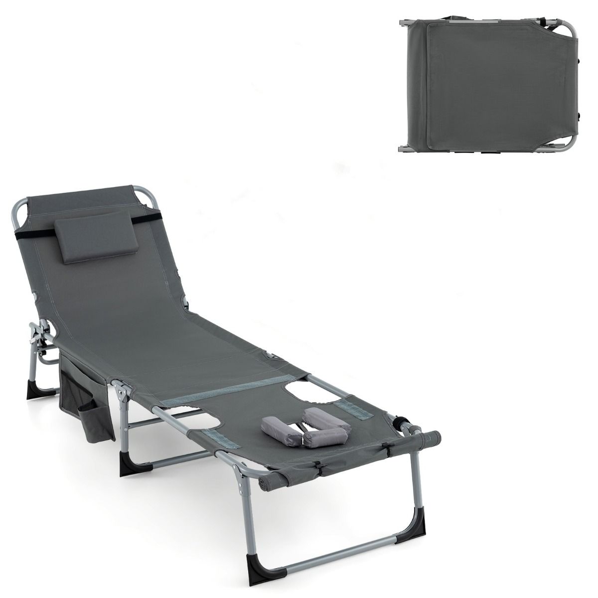 Coast Sonnenliege 193x60x34 cm Grau mit Gesichtsöffnung, verstellbarer Rückenlehne und Fußstütze, faltbar mit abnehmbarem Kissen und Seitentaschen