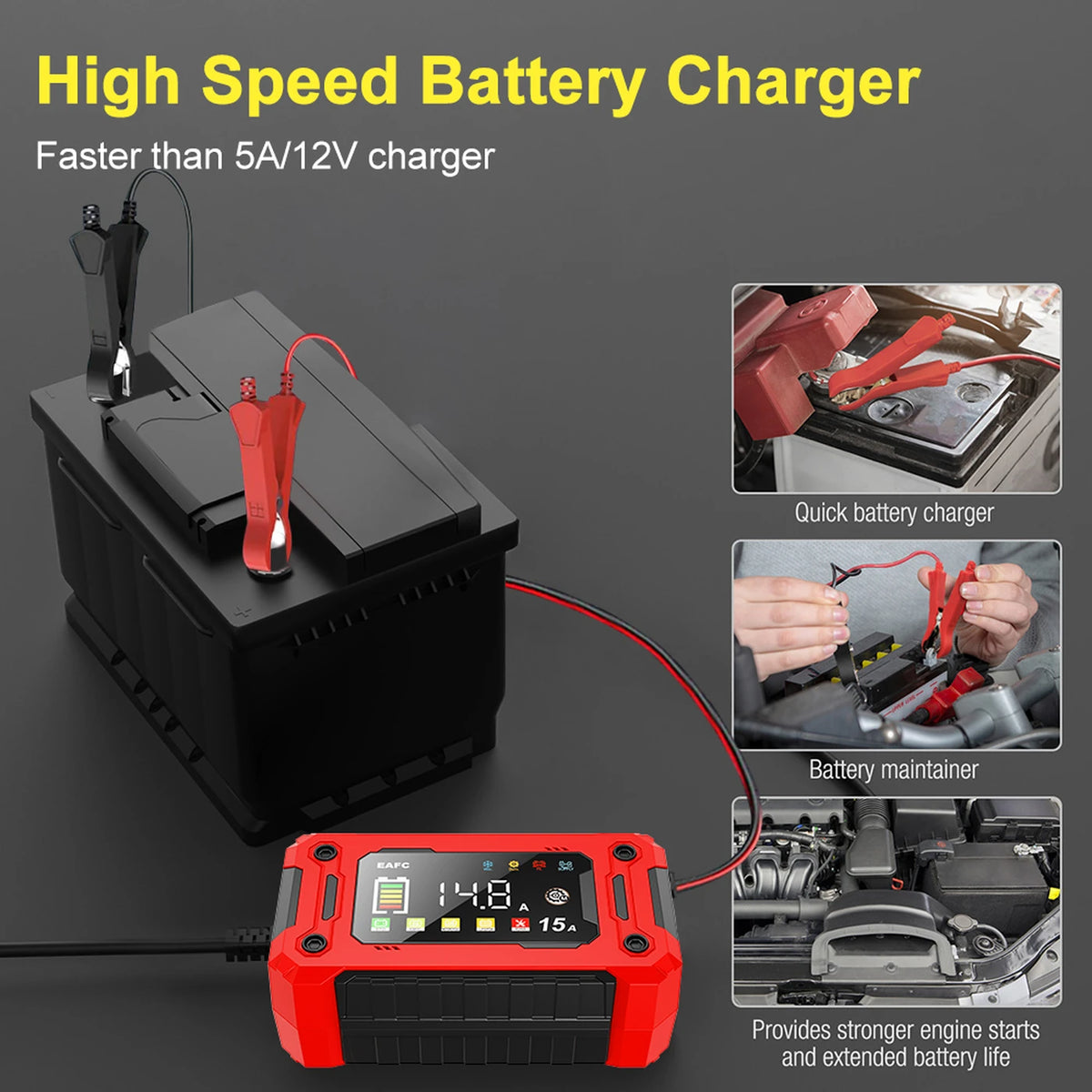 Eafc Auto-Ladegerät 12 V, 15 A – Großes HD-Display – Pulse Repair – Lithium-, AGM-, Blei-Säure- und Gel-Batterien