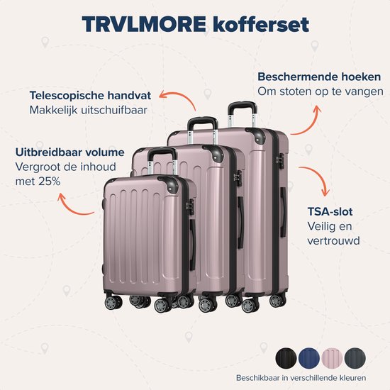 TRVLMORE - Kofferset - 3 Stück - Komplettes Reisekofferset - 45L Handgepäck + 75L und 115L geräumiges Gepäck - Rose Gold