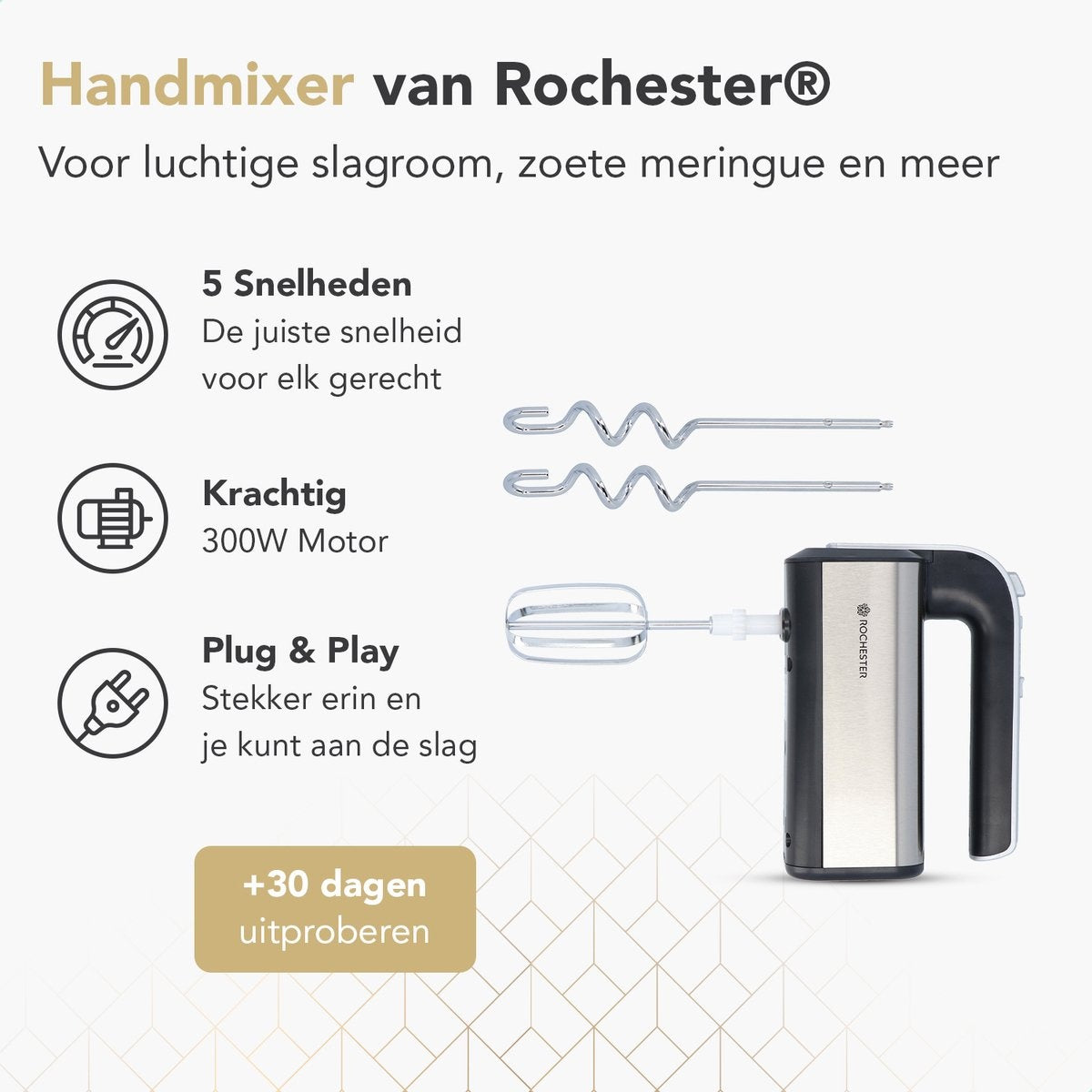 Rochester Handmixer mit Rührschüssel - Küchenmaschine - 5 Geschwindigkeitsstufen - Edelstahl