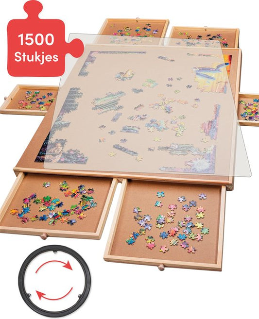 Drehbares Puzzlebrett mit Aufbewahrungssystem - 6 Schubladen - 1500 Teile - Holz - Puzzletisch - Puzzlebrett - Puzzlemappe - Puzzleteller - inkl. Schutzhülle - Puzzle - Matte - Koffer - Sortierschalen