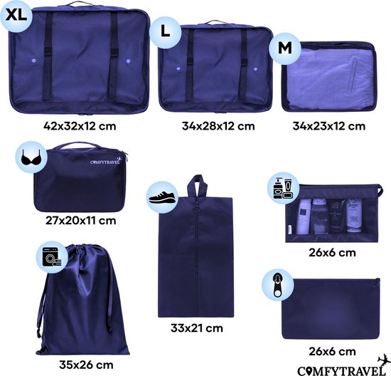 Comfytravel Packing Cubes Set - Koffer / Rucksack Reiseveranstalter - Reisezubehör - Wasserdicht / 8 Stück - Dunkelblau