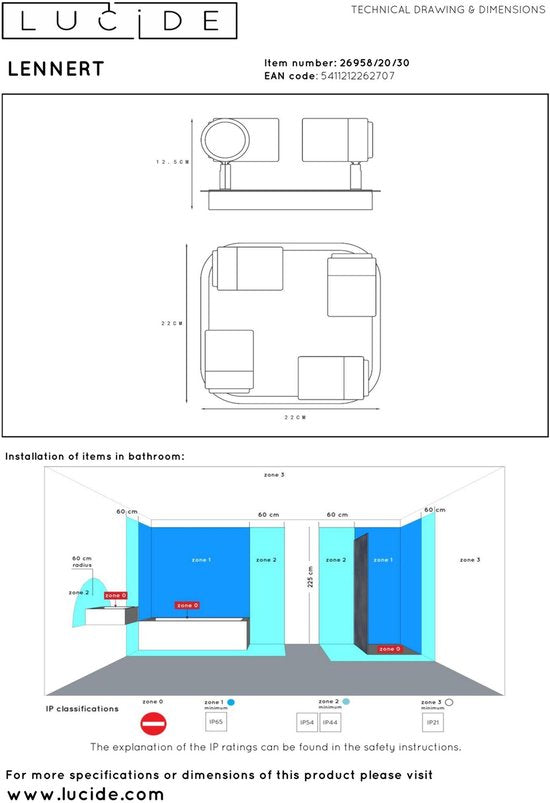 Lucide LENNERT – Deckenstrahler (Deckenleuchte) für das Badezimmer – LED, dimmbar – GU10 – 4 × 5 W, 3000 K – IP44 – Schwarz