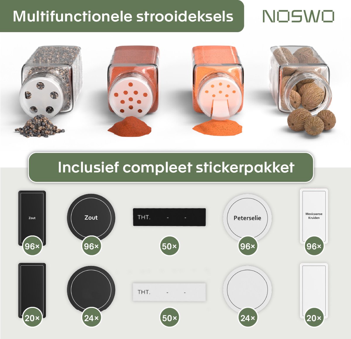 Noswo Gewürzregal Schublade - Mit 28 Gläsern - Komplettset - Quadratisch - Streudeckel und Etiketten - Gewürz-Organisator - Küchenschubladen-Organisator - Bambus