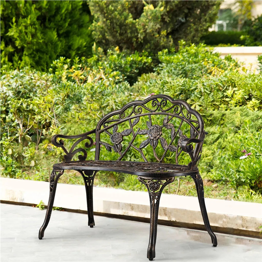Yaheetech Gartenbank 99,5 x 57 x 78,5 cm – Bronze – Vintage-Gartenbank aus Metall mit Rosenmuster