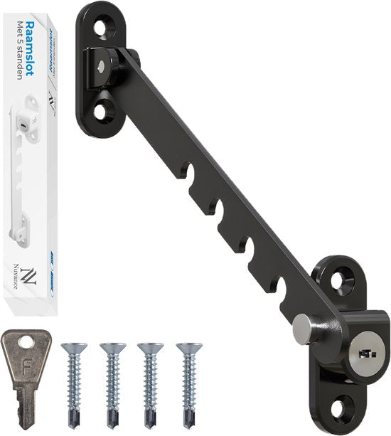 Nuvance Fensterhebel – Fensterarretierung – Kippfensterhalter – Windhaken – 5 Positionen – Fensterschloss – Windhaken – Kindersicherung – Schwarz