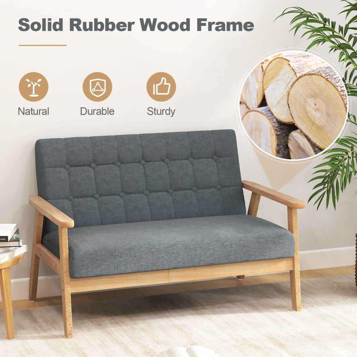Coast Linen Loveseat 2-Sitzer – Grau – 114 x 72 x 77 cm – Rahmen aus Kautschukholz – Mid-Century-Design