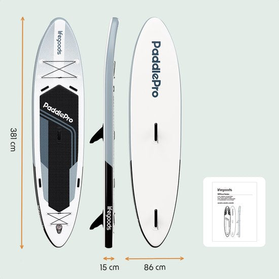 LifeGoods SUP Board Tandem - 2 Personen - 220 KG Belastbarkeit - 381 x 86 cm - Aufblasbar - Komplettes SUP Paket - Weiß/Schwarz