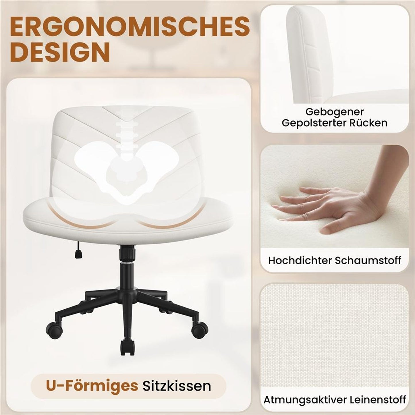 Yaheetech Bürostuhl mit breiter Sitzfläche – Ergonomischer Drehstuhl mit Rückenlehne – Höhenverstellbar – 66 x 64,5 x 82–91,5 cm – Beige