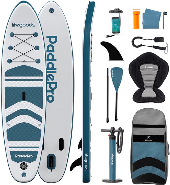 LifeGoods PaddlePro SUP Board - mit Sitz - Aufblasbares Paddle Board - Komplettset - Max. 135KG - 320x81cm - Weiß/Tief Aqua