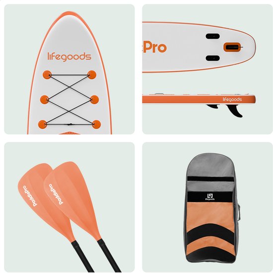 LifeGoods PaddlePro SUP Board - mit Sitz - Aufblasbares Paddle Board - Komplettset - Max. 135KG - 320x81cm - Weiß/Orange