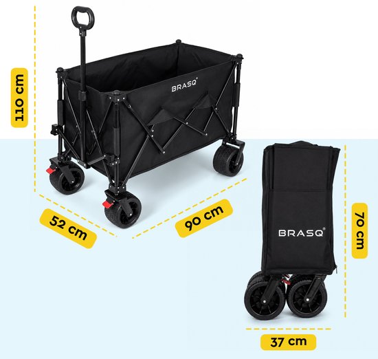 BRASQ Klappbarer Handwagen – 165 Liter – 100 kg Tragkraft – Schwenkbare Räder mit Bremse – 90 x 52 x 110 cm – Verstellbarer Griff – Zusammenklappbarer Handwagen – Schwarz