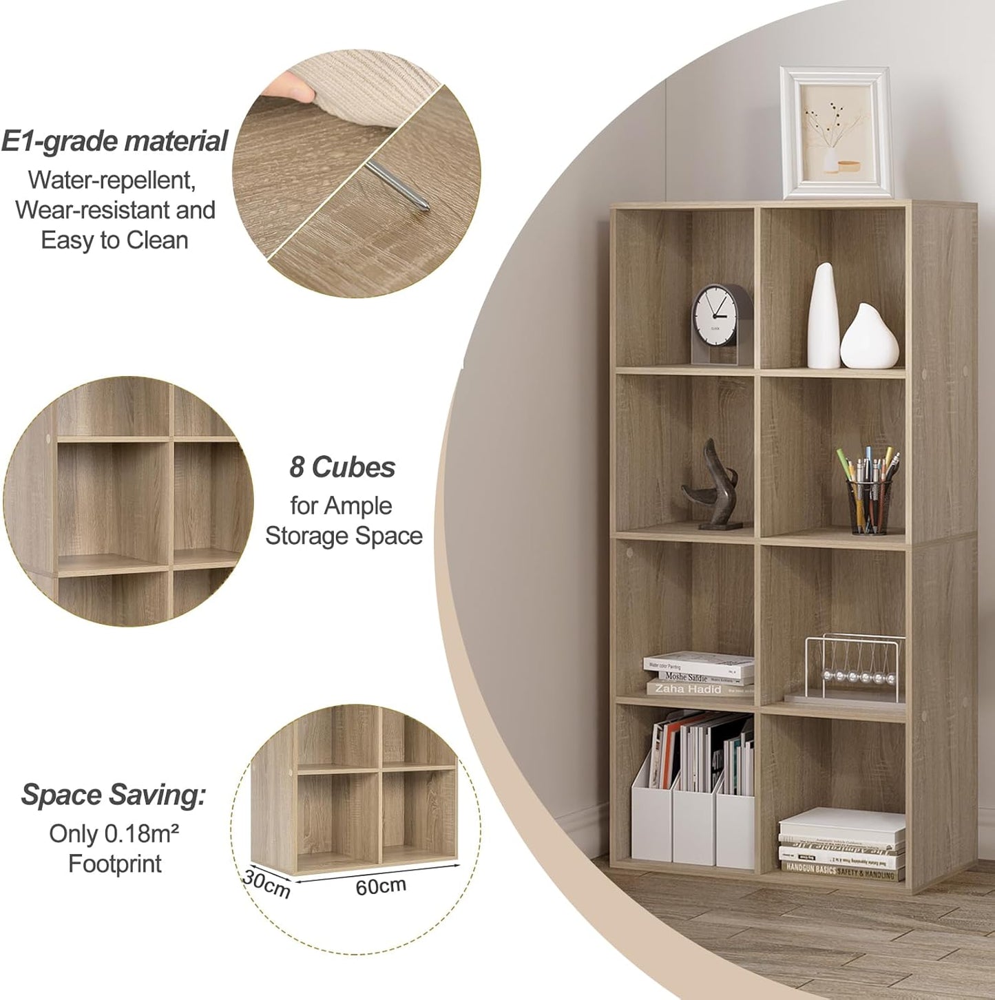 WOLTU Bücherregal mit 8 Fächern – Helle Eiche – 60 x 29,5 x 121 cm