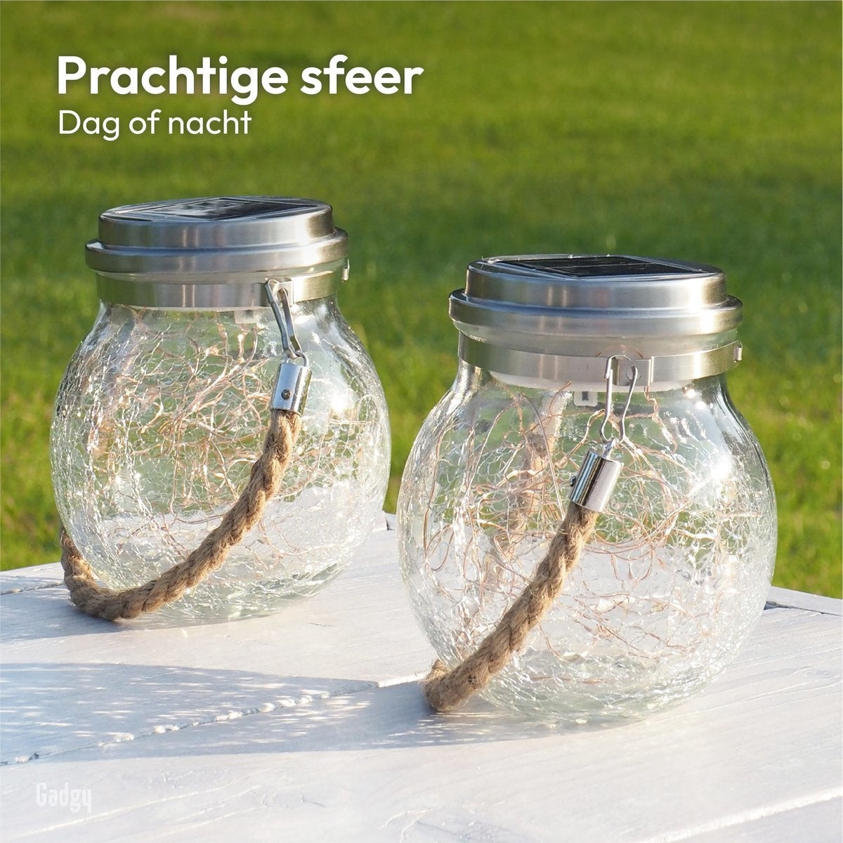 Gadgy Solar Laterne CraquelÃ© Glas mit 20 Lichterketten - 2er Set - Solar-Gartenleuchte - LED-Außenleuchte mit Tag/Nacht-Sensor - Tischleuchte / Hängelampe / Gartenlaterne - 13,5 x Ã˜12 cm