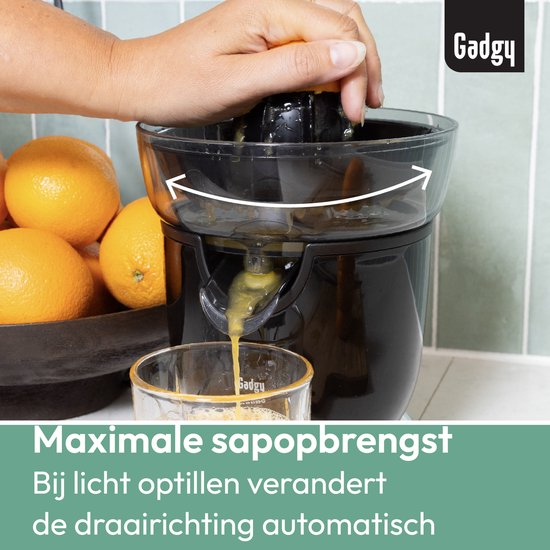 Gadgy Elektrische Zitruspresse – Orangen- und Zitronenpresse mit Ausgießer – Entsafter mit 2 Presskegeln – Tropfschutz – Rutschfest – 100 W – Schwarz – Spülmaschinenfest