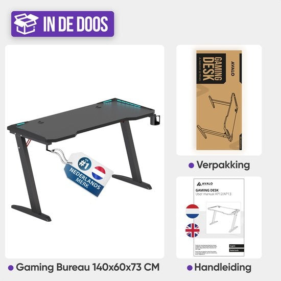 Avalo - Gaming Tisch - 140x60x73 CM - mit LED-Beleuchtung - Schwarz
