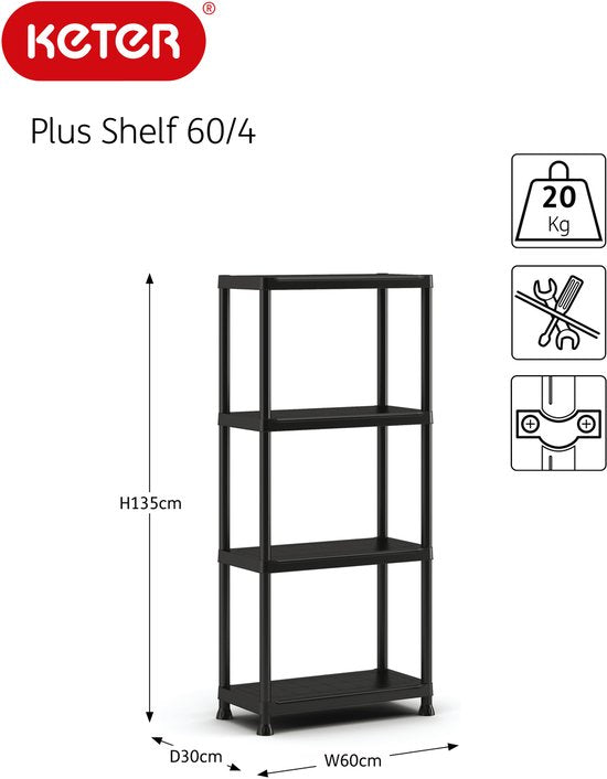 Keter Regal Plus 60/4 – Aufbewahrungsregal mit 4 Einlegeböden – 60 x 30 x 135 cm – Schwarz