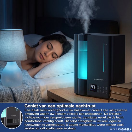 Erikssøn Luftbefeuchter Elite – 8 Liter – Geeignet für Wohnzimmer, Büro, Schlafzimmer, Babyzimmer – Luftbefeuchter – Mit Aromatherapie – Schwarz