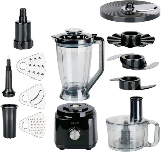 Alpina 3-in-1-Küchenmaschine, Mixer und Smoothie-Maker – Multifunktionale Küchenmaschine – Gemüseschneider – Zerkleinerer – 2 l – BPA-frei – spülmaschinenfest – FP413GS – Schwarz